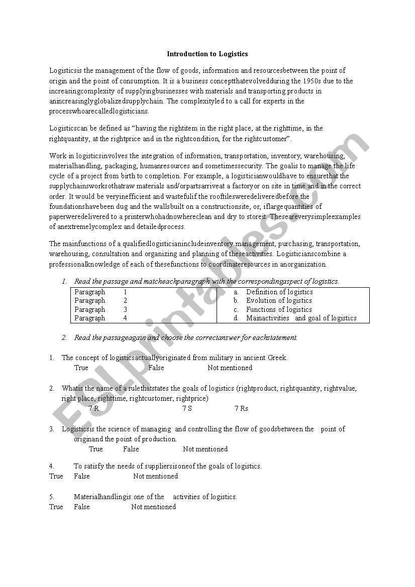 Logistics - reading  worksheet