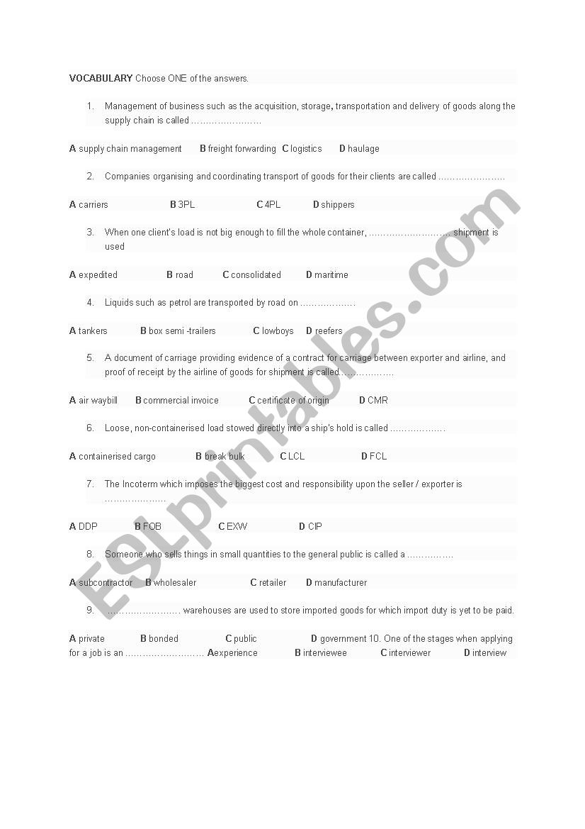 test logistics  worksheet