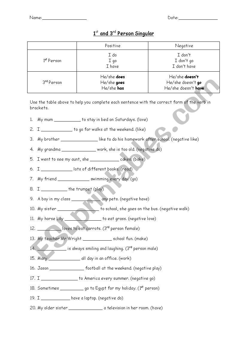 1st and 3rd Person Singular worksheet