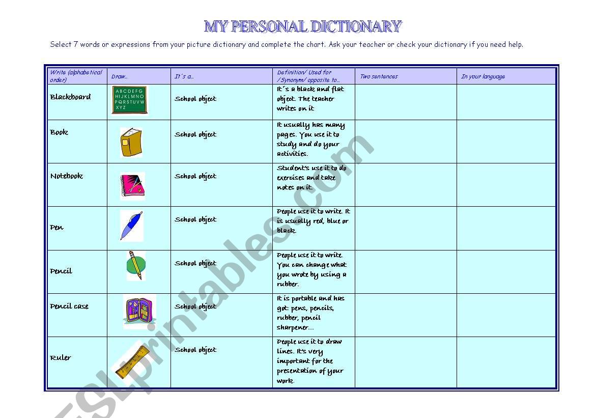 MY PERSONAL DICTIONARY worksheet