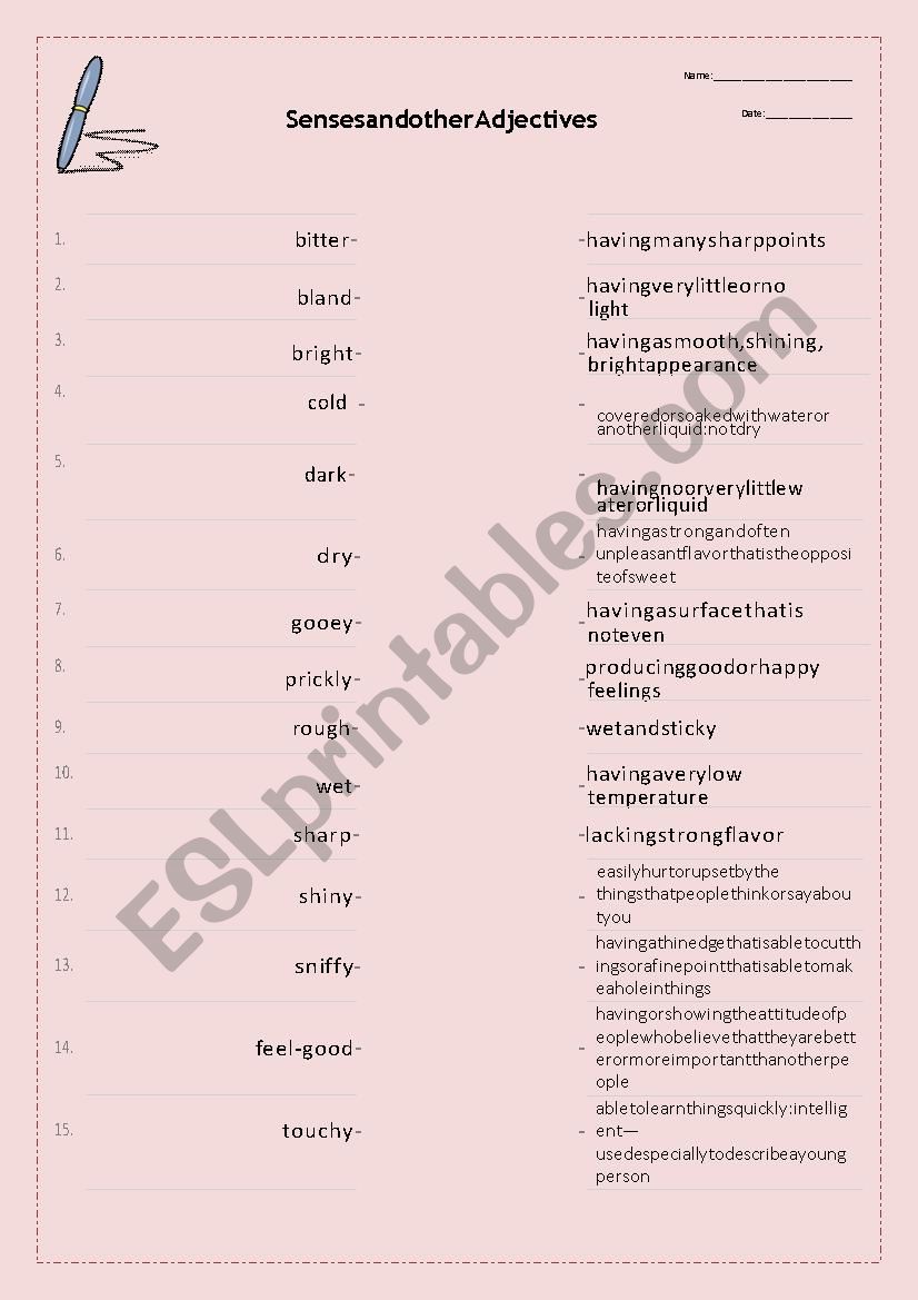 Senses (and some other adjectives) matching pairs worksheet