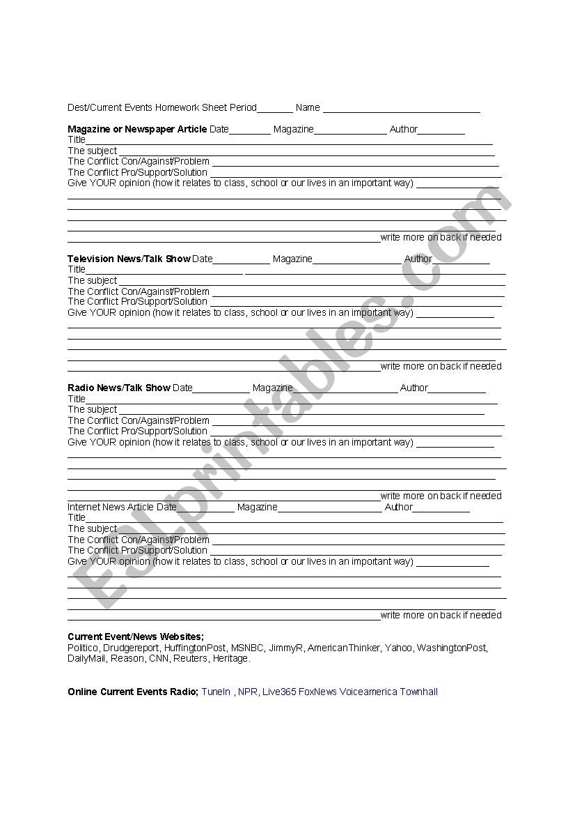 Homework Current Events Worksheet