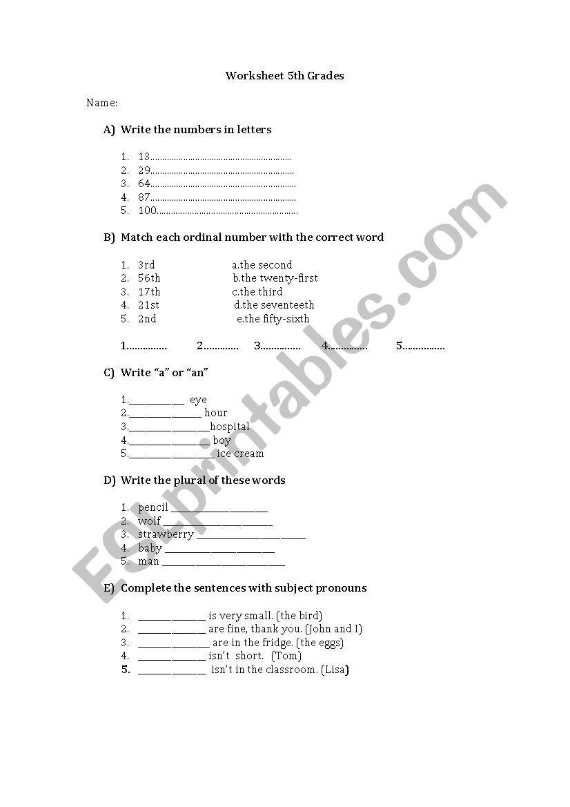 5th grades worksheet