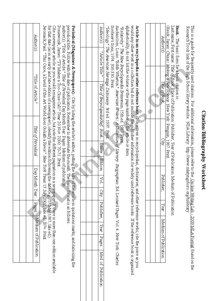 MLA Citation Worksheet worksheet