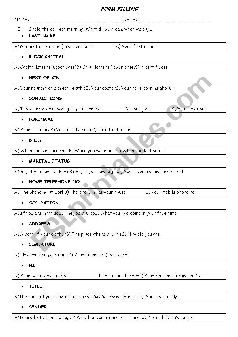 Form Filling - Meanings worksheet