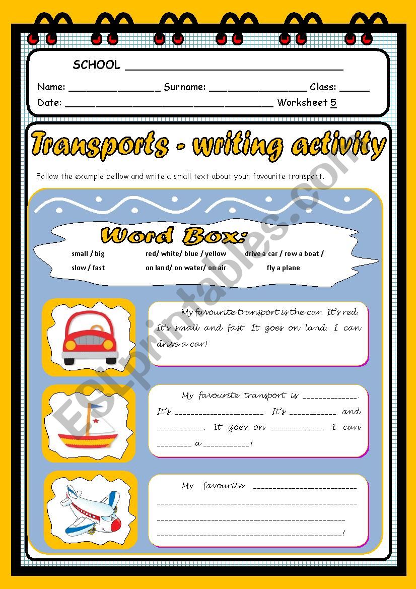 Writing activity - transports worksheet