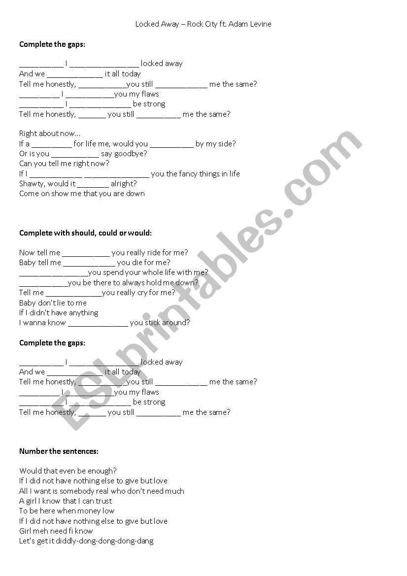 Locked Away Song Activity worksheet