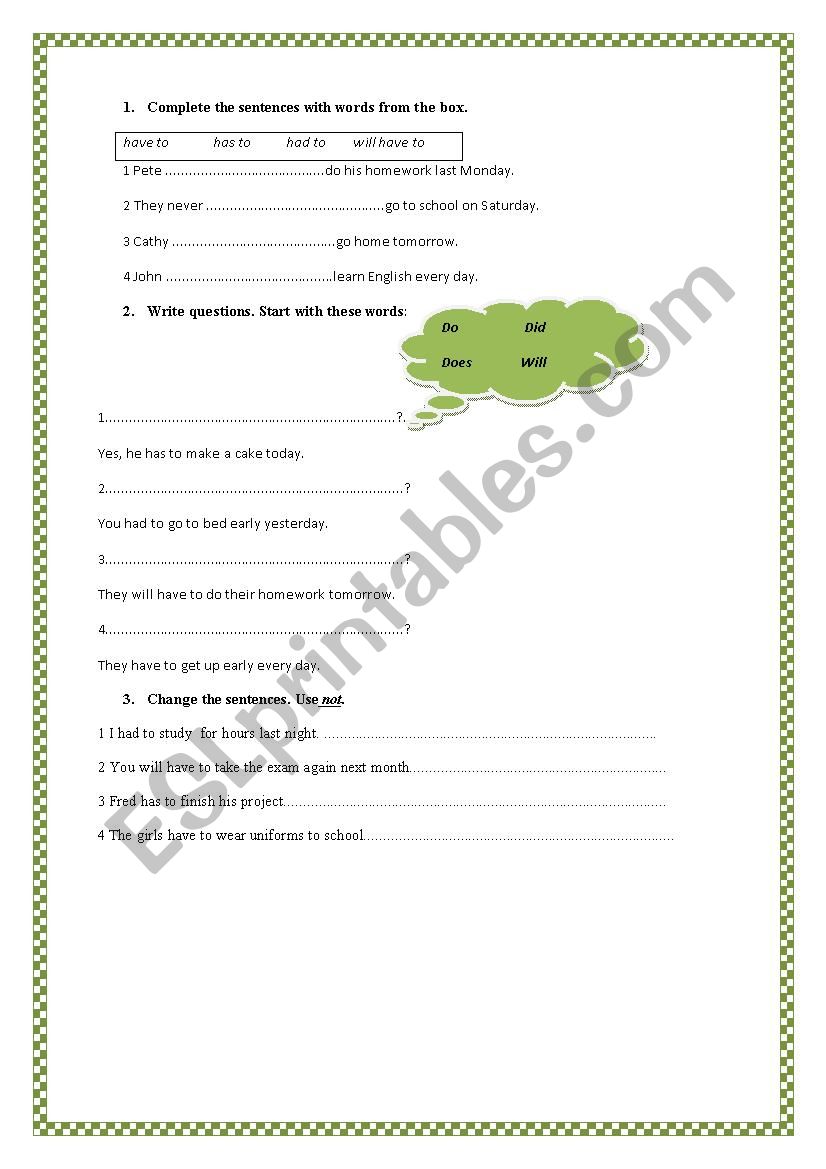 have to had to will have to worksheet