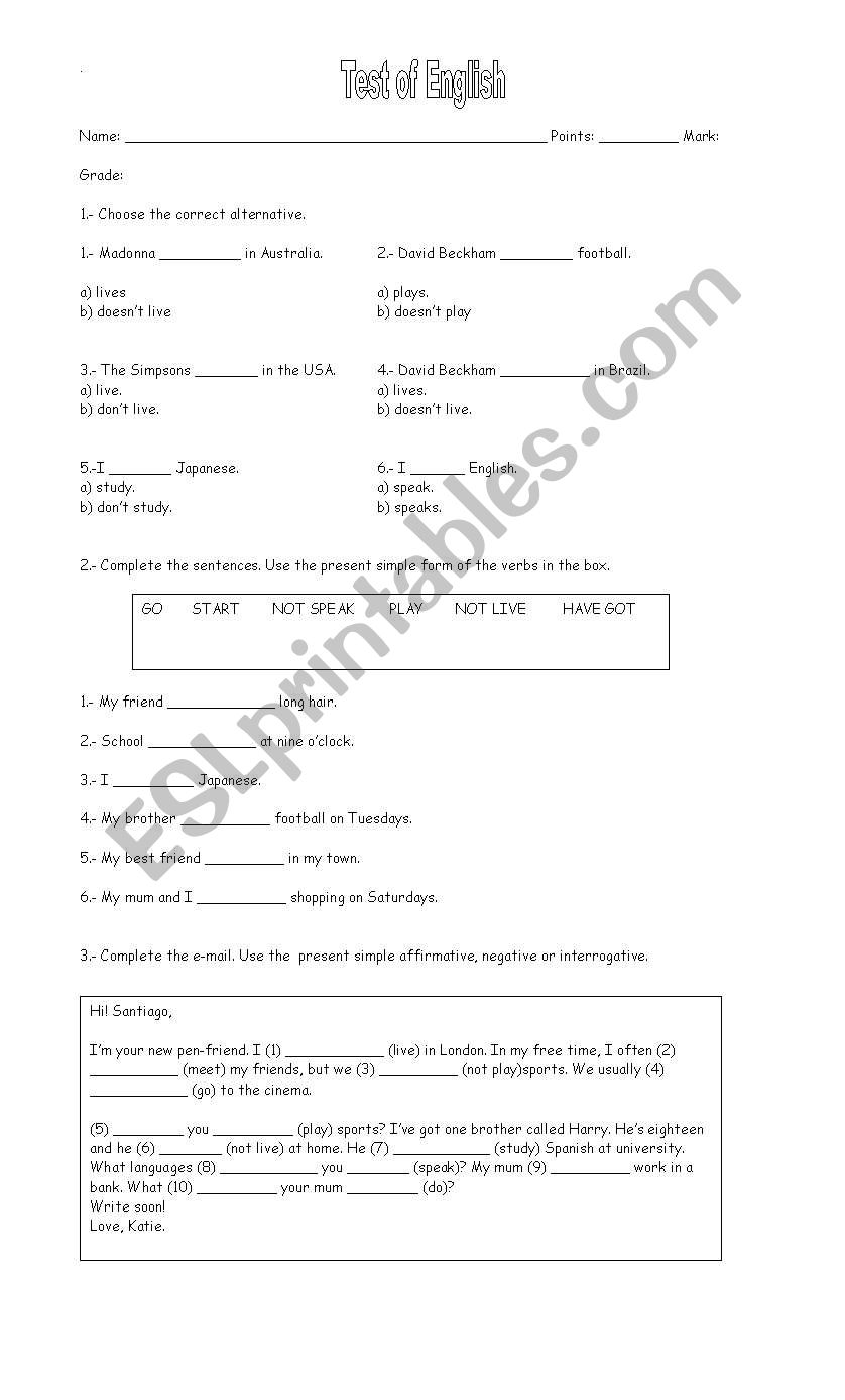 TEST OF ENGLISH worksheet