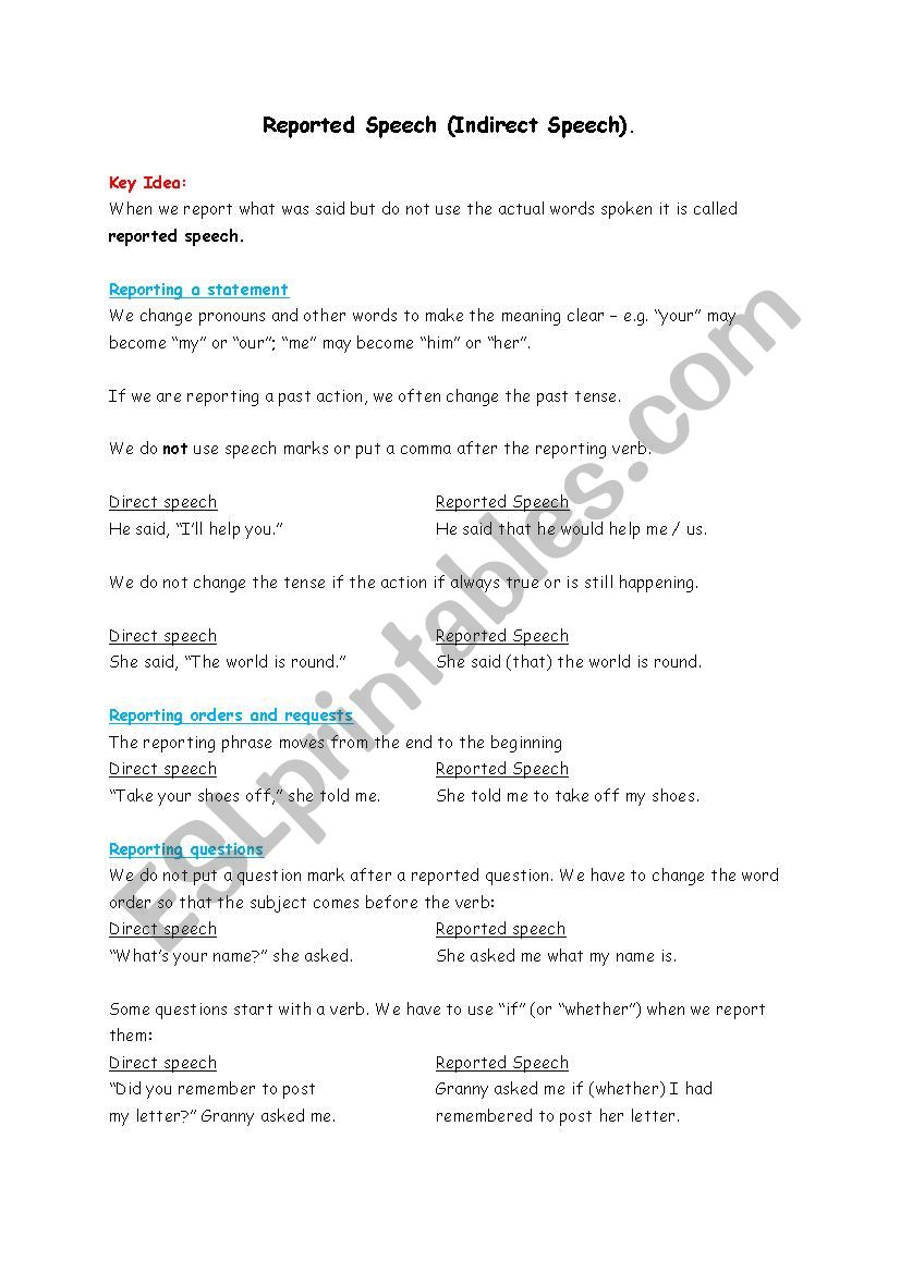 reported speech worksheet