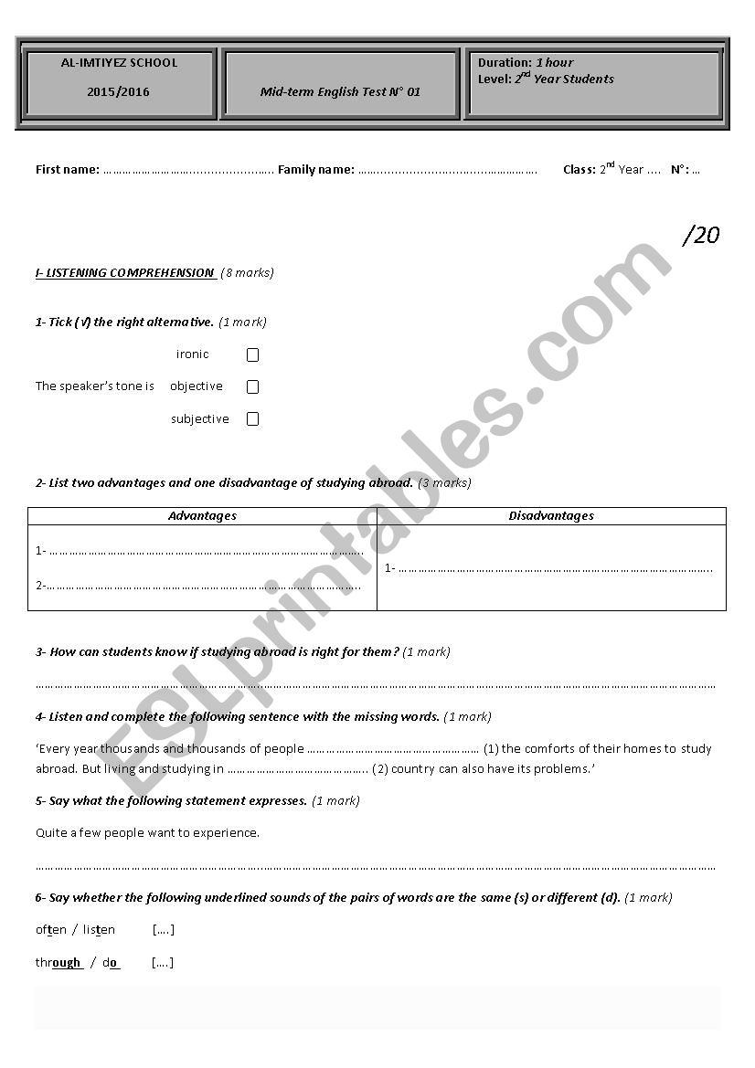 Mid-term English Test N 01 2nd year science students