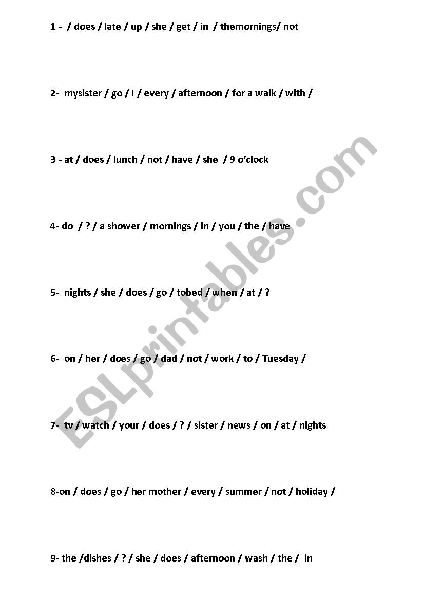 Present Simple Jumbled Sentences