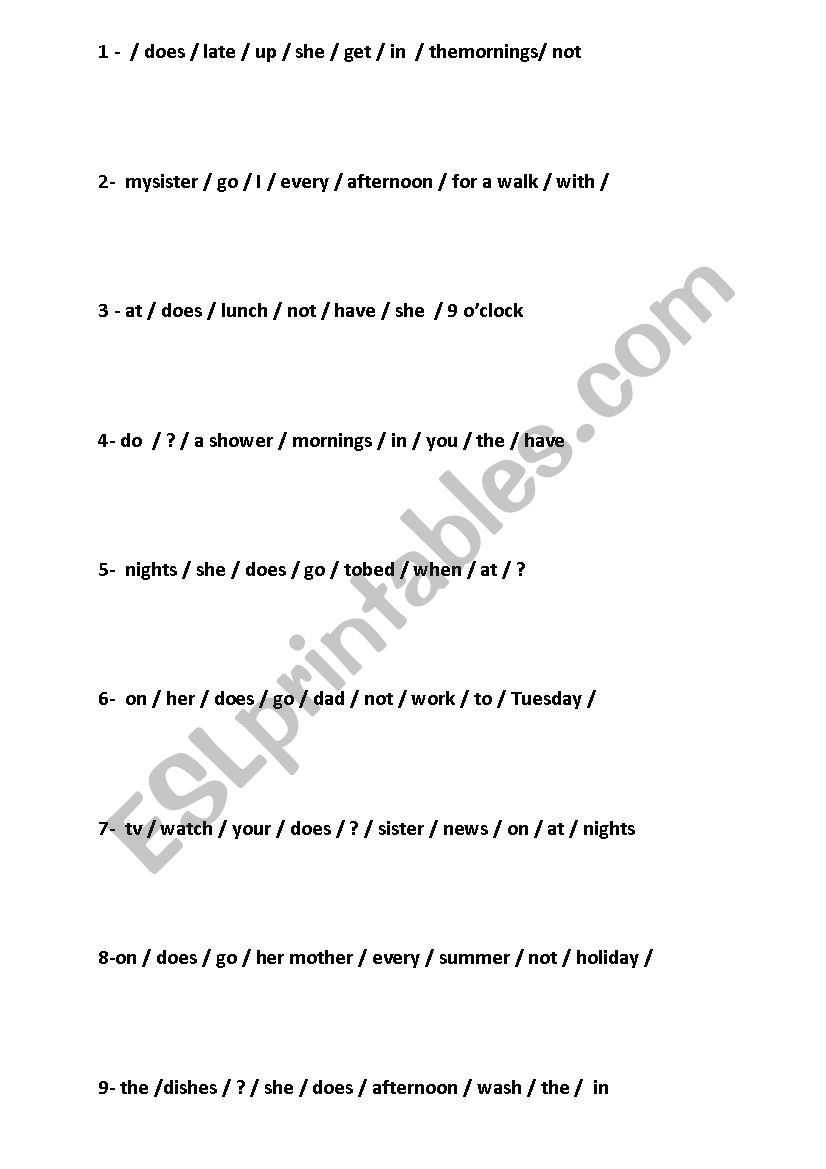 Present Simple Jumbled Sentences ESL Worksheet By Worldrock5
