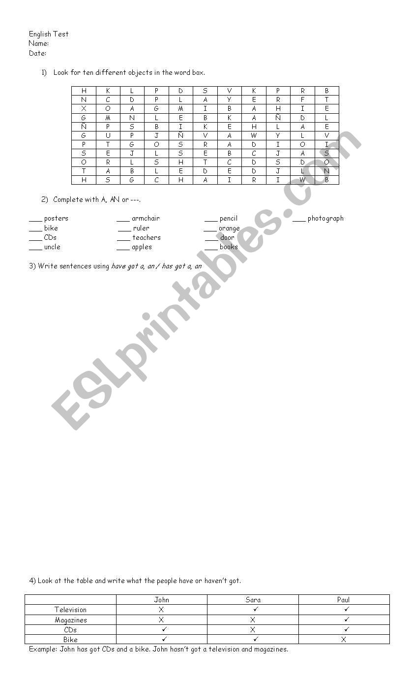 a / an have / has worksheet