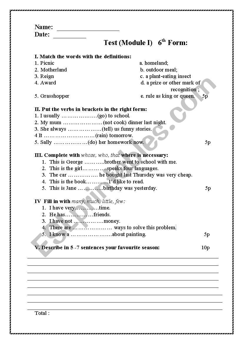 test 6th form worksheet