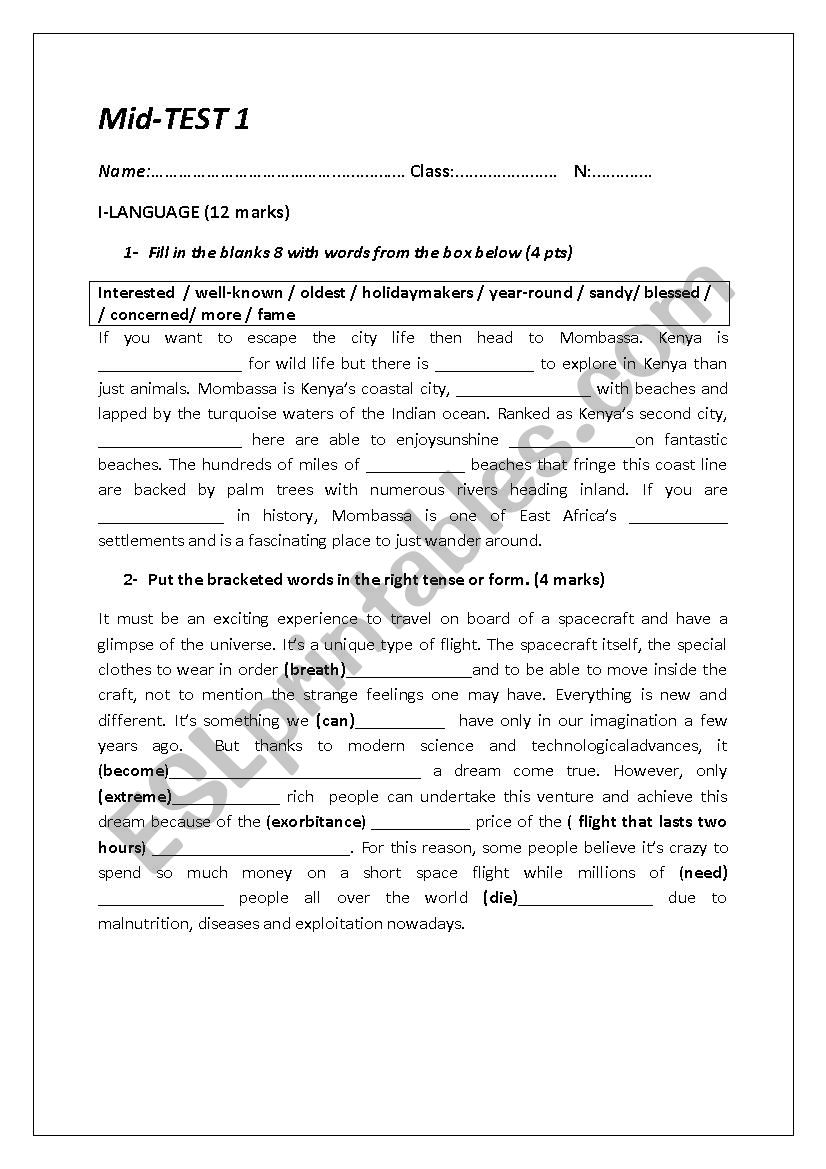 mid-term test 1 4th formers worksheet