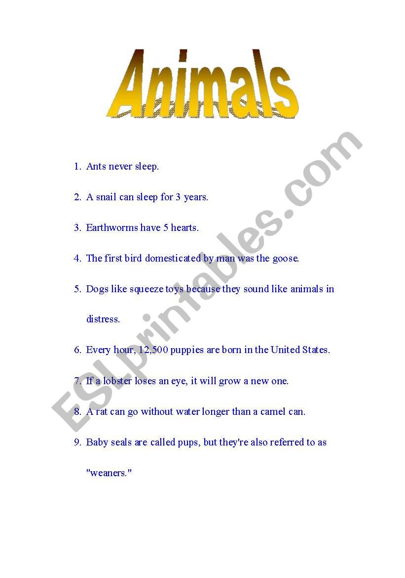 Suprising Facts about Animals  Part II (2 pages)