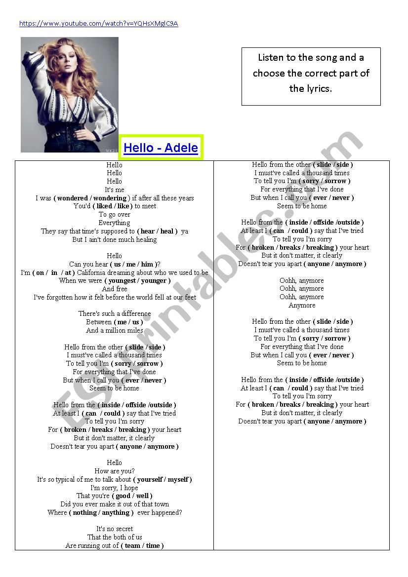 New Song Adele - Hello worksheet