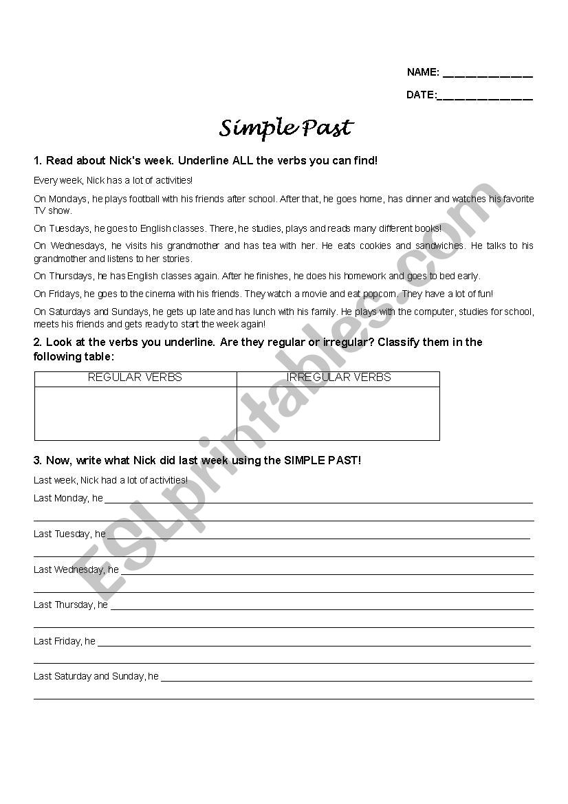 SIMPLE PRESENT/SIMPLE PAST reading and writing activity