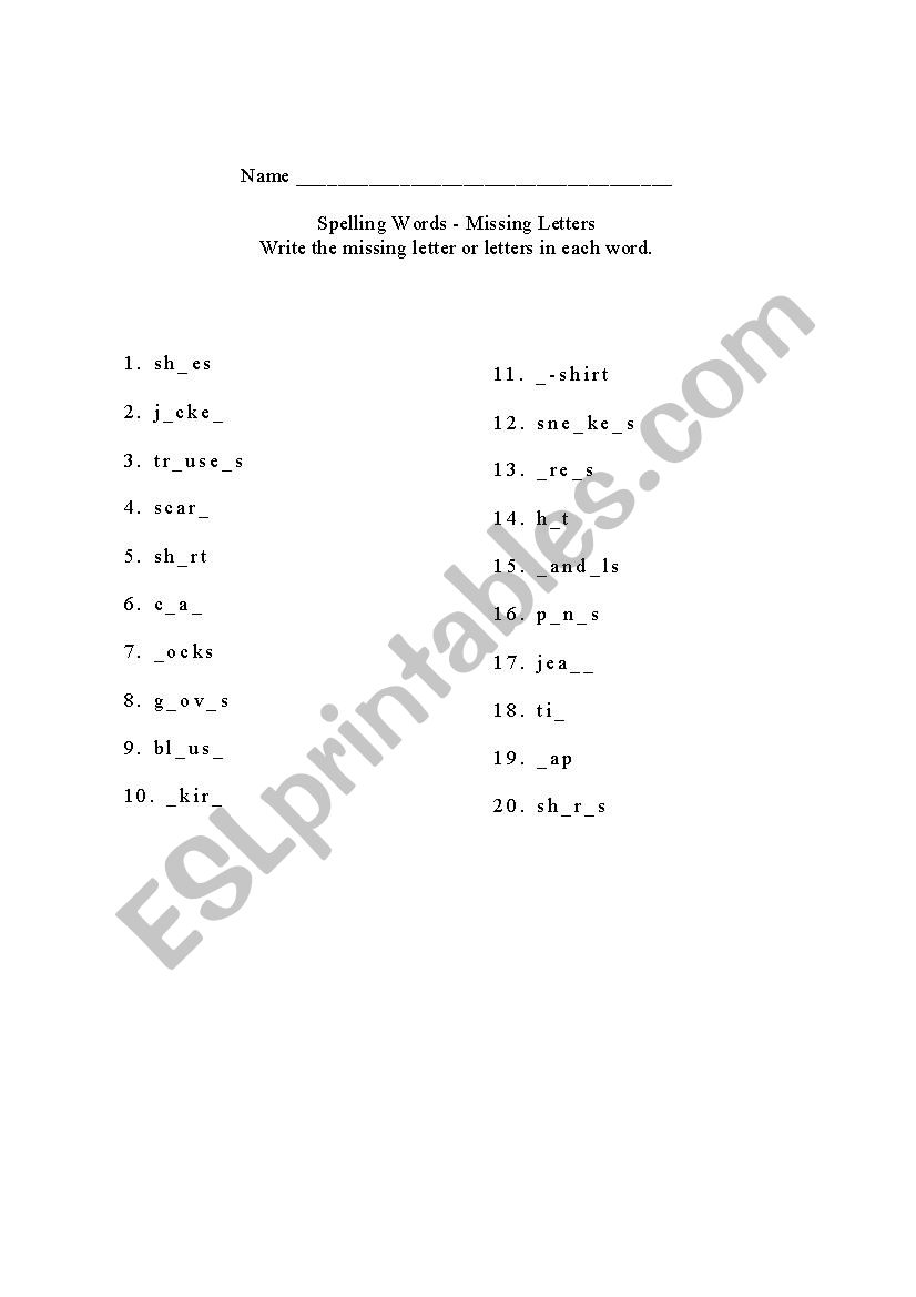 Find missing letters- Clothes worksheet