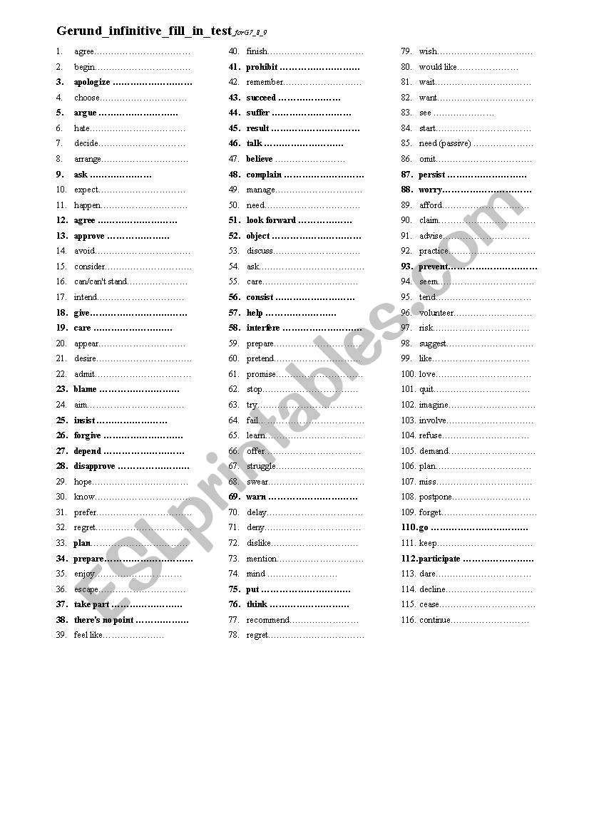 test on gerund infinitive worksheet