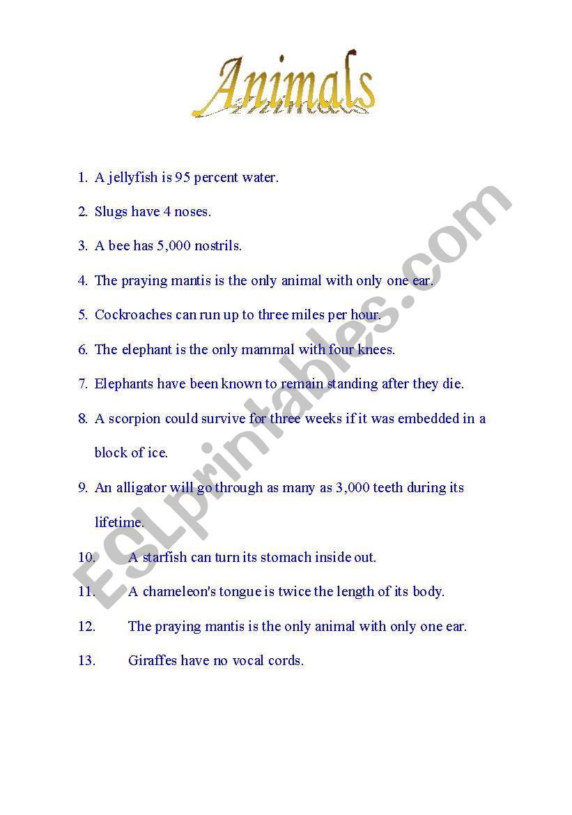 English worksheets: Interesting Facts about Animals Part I (2 pages)