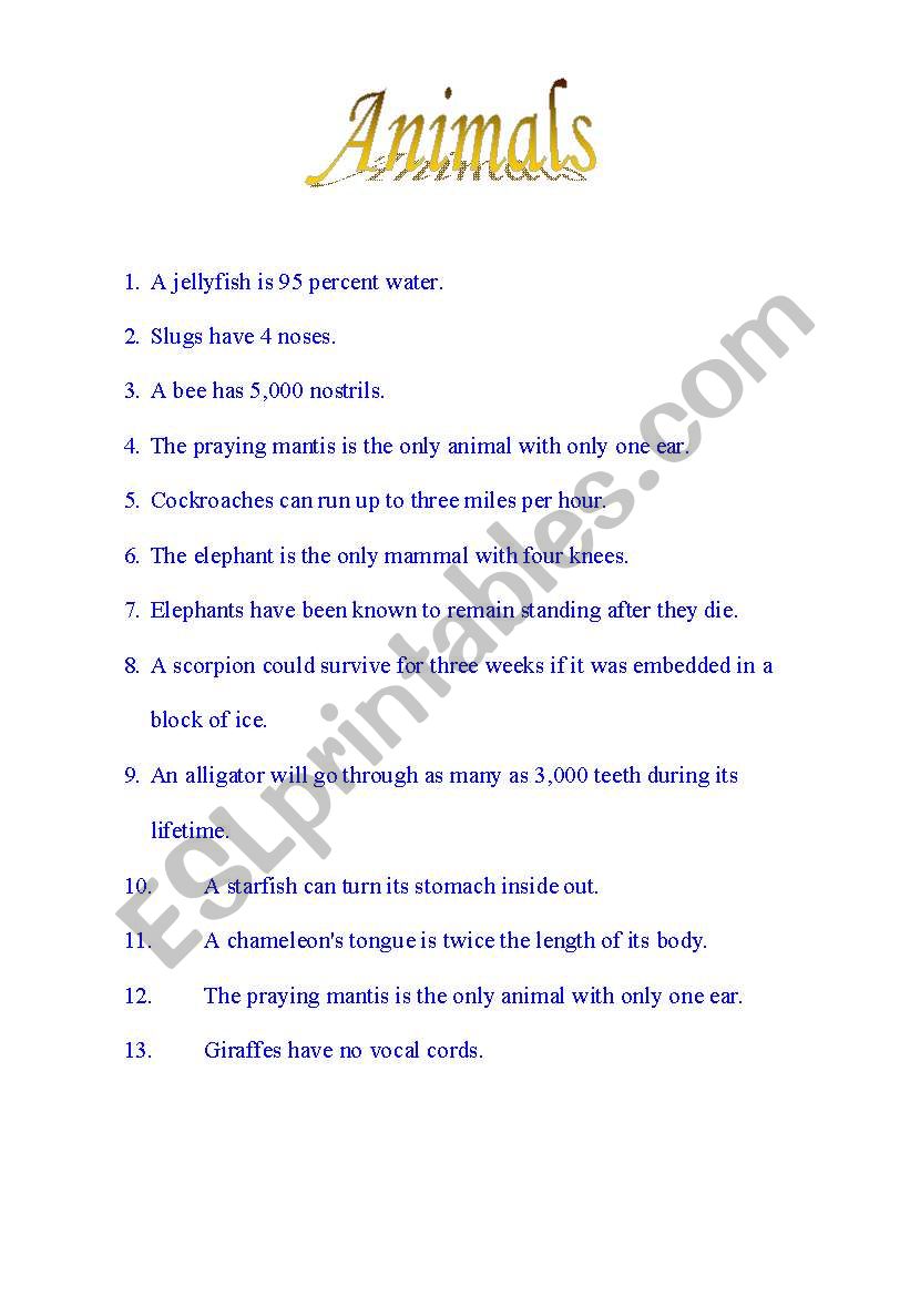 English worksheets: Interesting Facts about Animals Part I (2 pages) English worksheets: Interesting Facts about Animals Part I (2 pages)