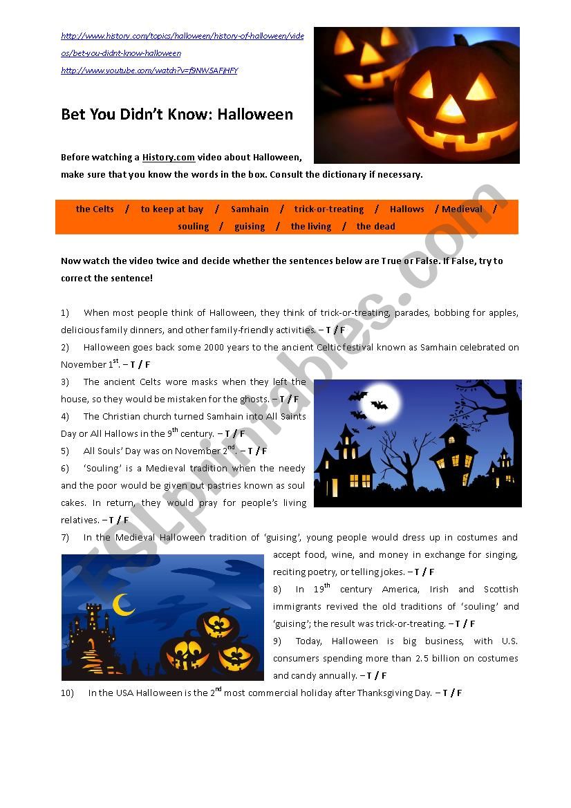 BET YOU DIDN´T KNOW: THE HISTORY OF HALLOWEEN (Video) - ESL worksheet
