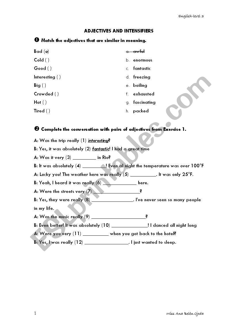 adjectives and intensifiers worksheet