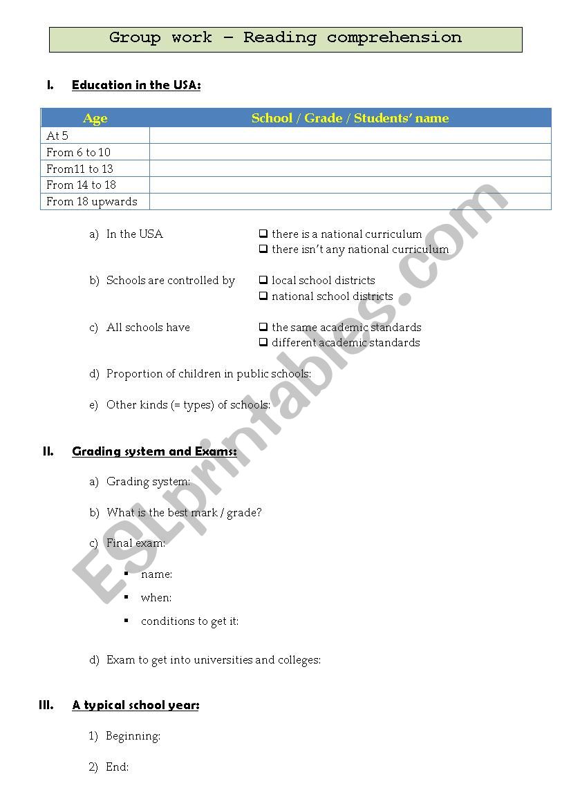 American Schools - group work  question sheet
