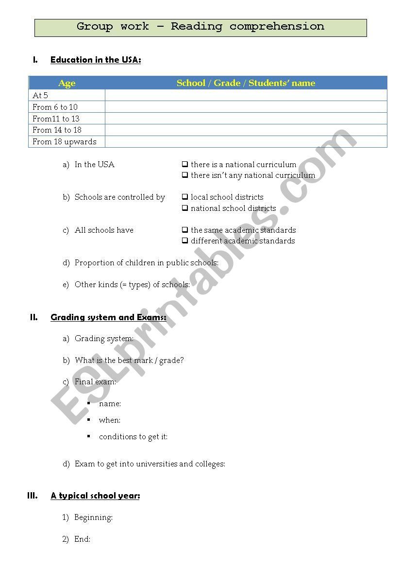 American Schools - group work â€“ question sheet