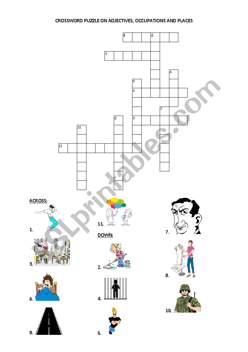 CROSSWORD PUZZLE ON ADJECTIVES, OCCUPATIONS AND PLACES