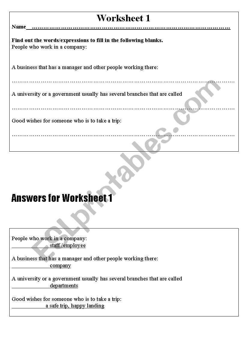 My first job worksheet