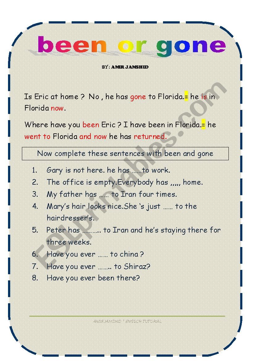 been or gone worksheet