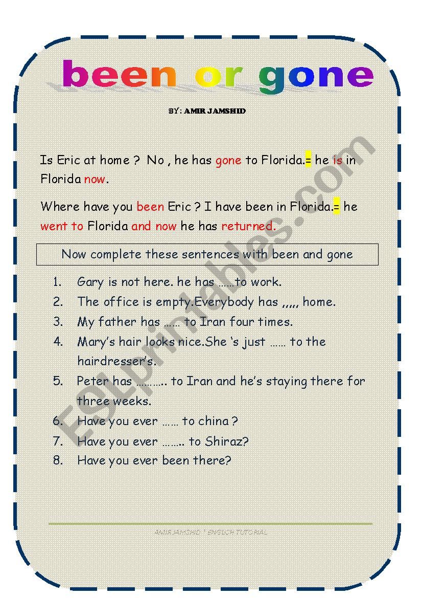 been or gone worksheet