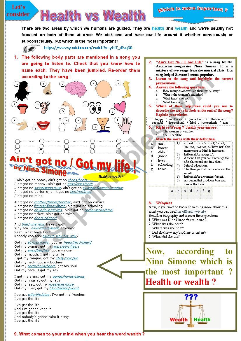 Health vs Wealth + Aint go no / Got my life by Nina Simone.  (Multi activity worksheet). Listening, reading, speaking and writing + Link + KEY. Body Parts