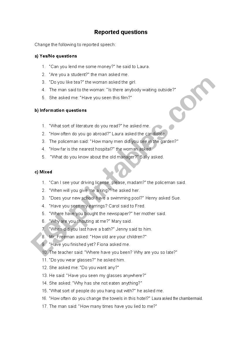 Reported Speech worksheet