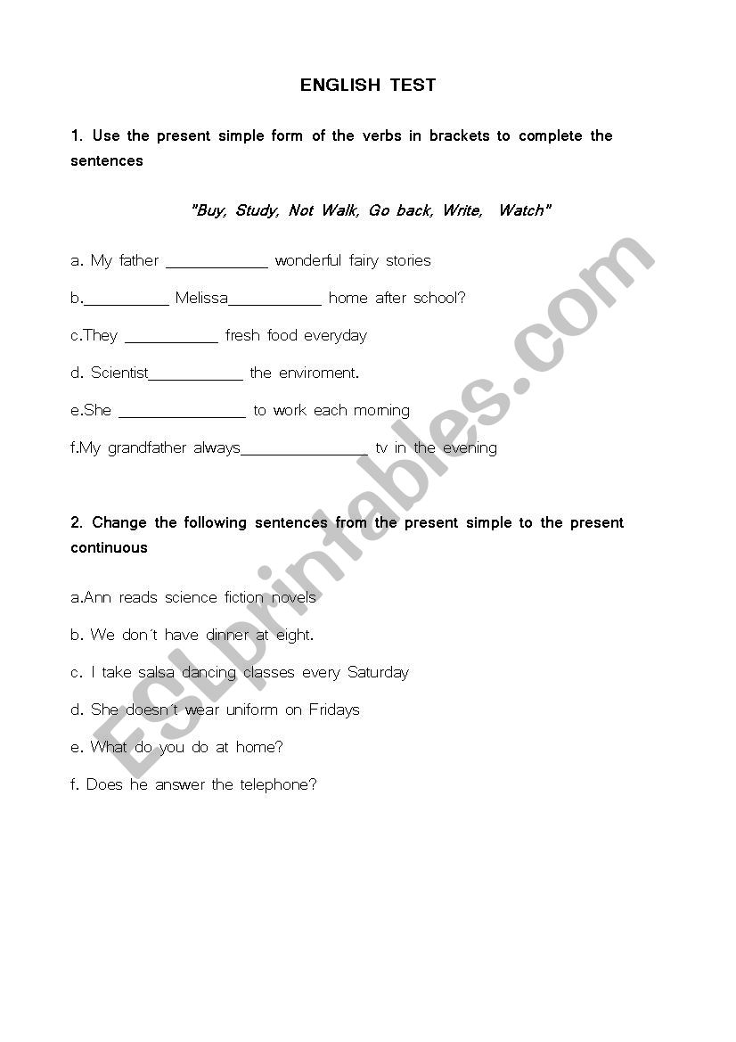 English intermediate test worksheet
