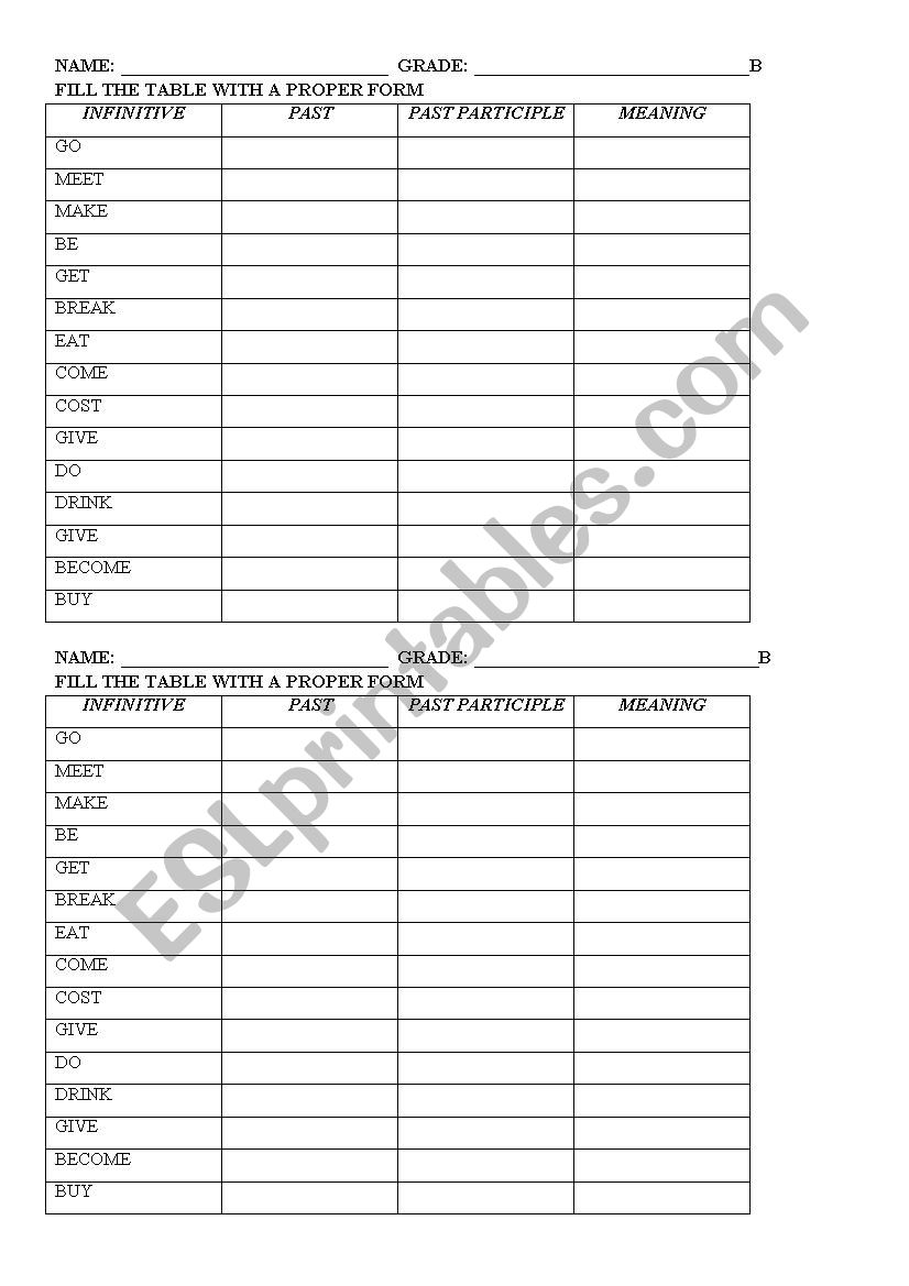 irregular verbs  worksheet