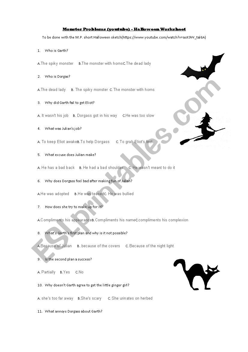 Monster Problems (youtube) - Halloween worksheet