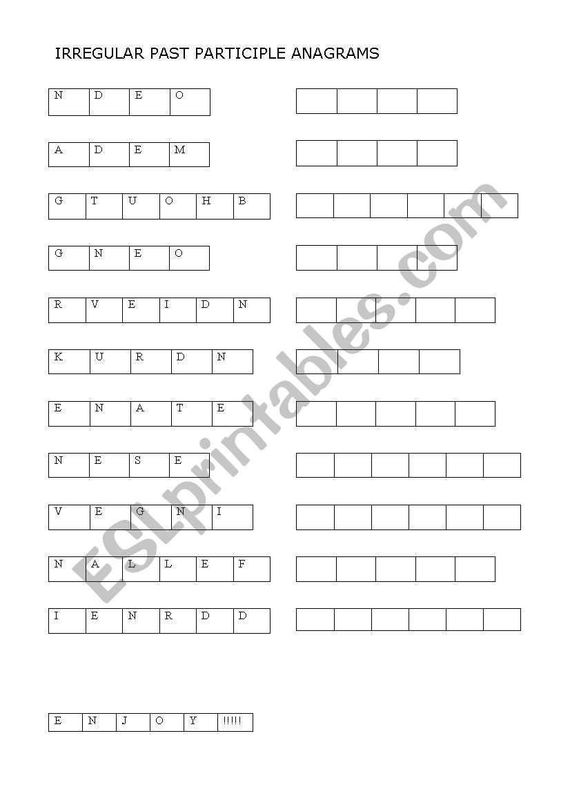 Irregular participle anagrams worksheet