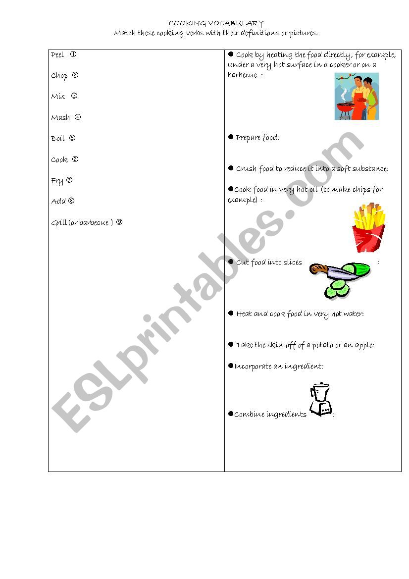 Cooking vocabulary worksheet