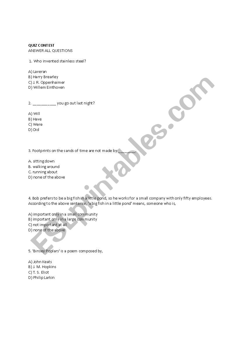 A QUIZ COMPETITION worksheet