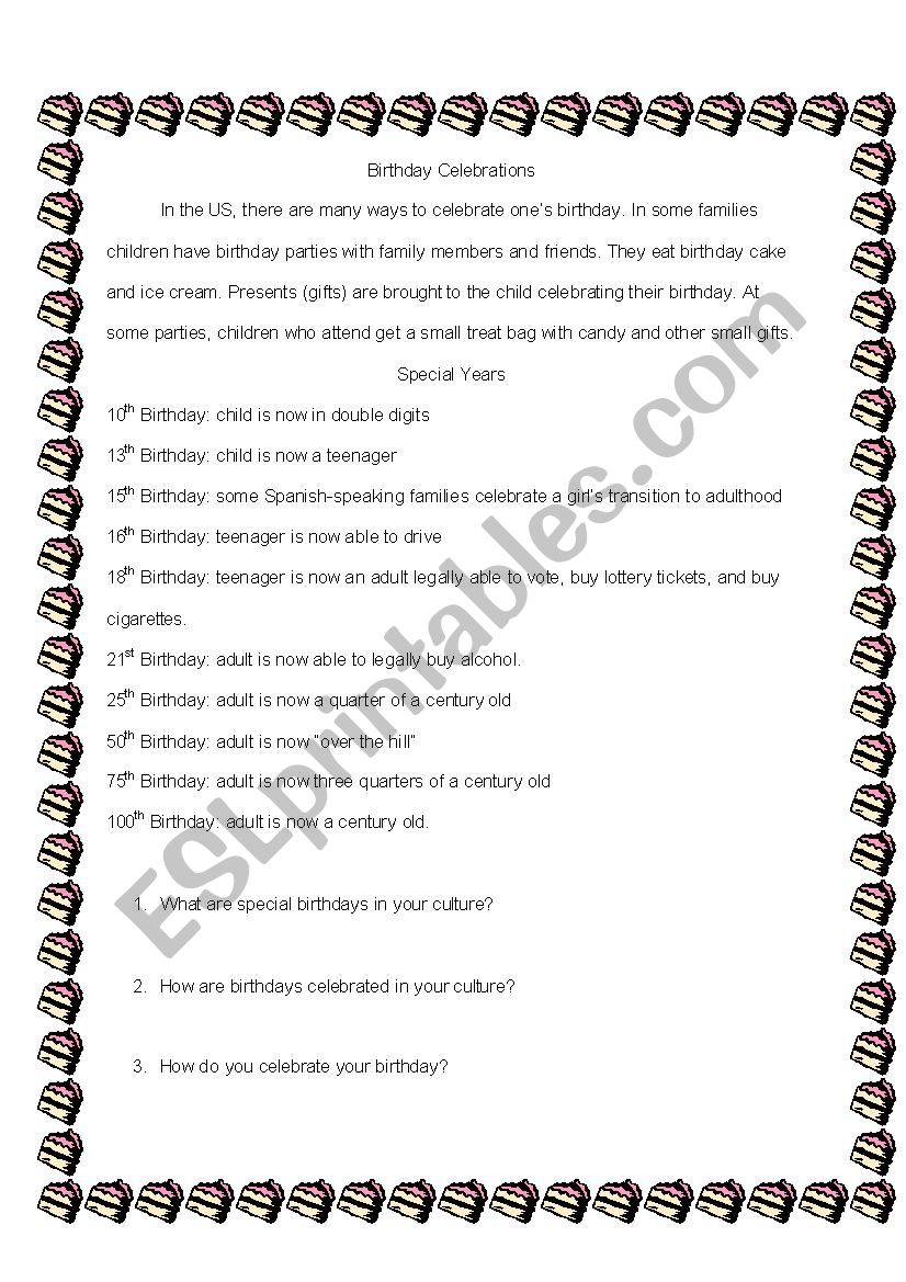 Birthday Celebrations - ESL worksheet by Lunaluz524