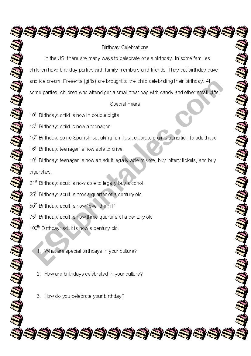 Birthday Celebrations worksheet