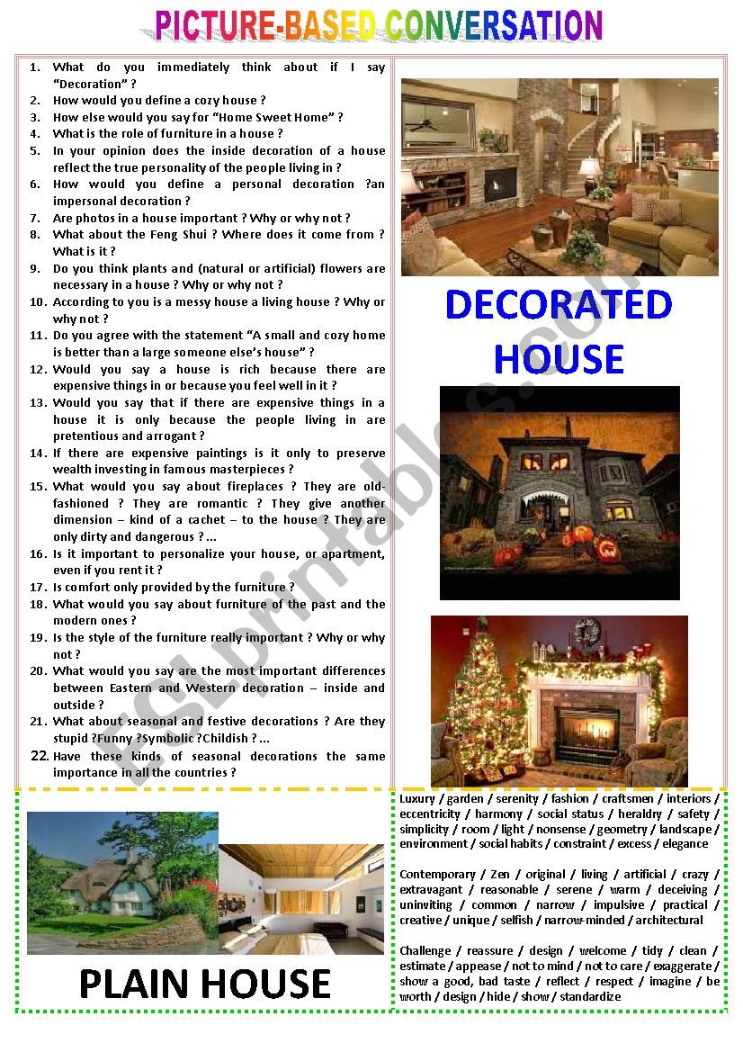 Picture-based conversation : topic 88 - decorated house vs plain house.