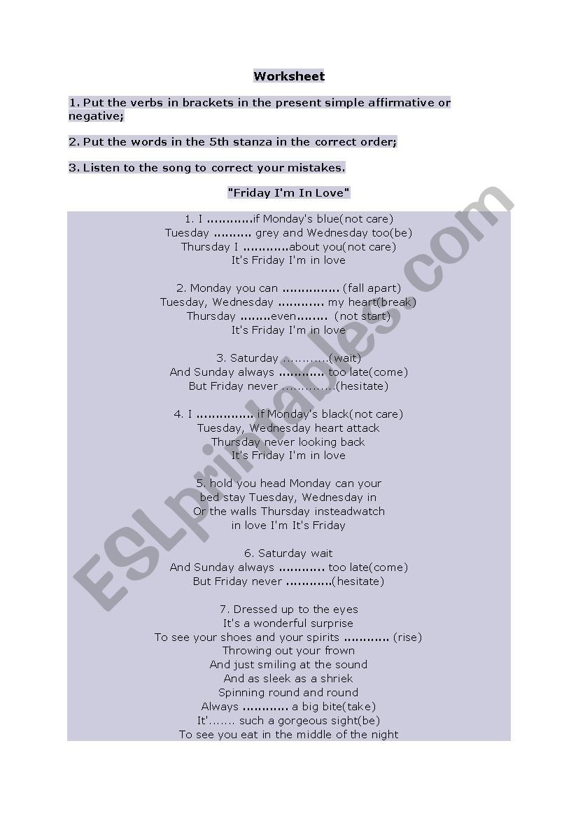 Worksheet for listening activity- The Cure - Friday Im in love