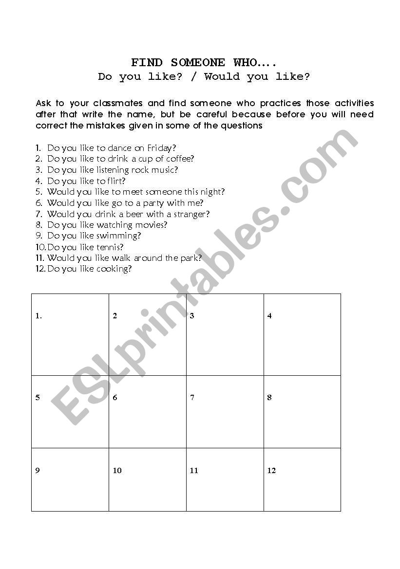 FIND SOMEONE WHO LIKES... worksheet