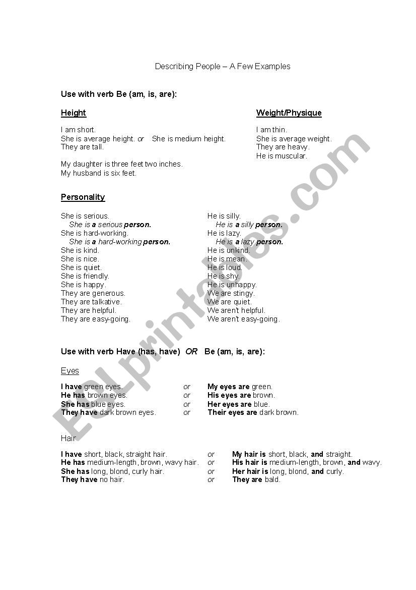 Describing People (Speaking) worksheet