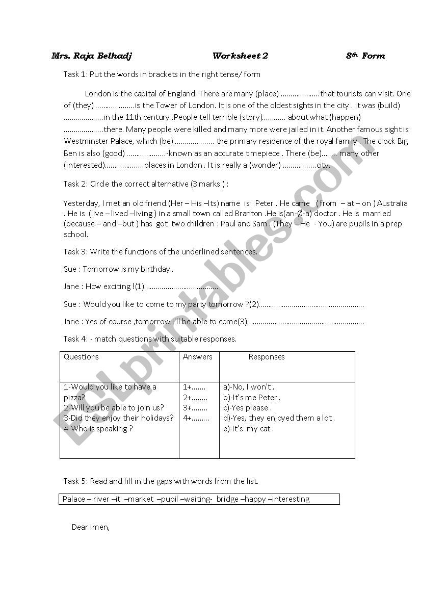 remedial work 8th form worksheet